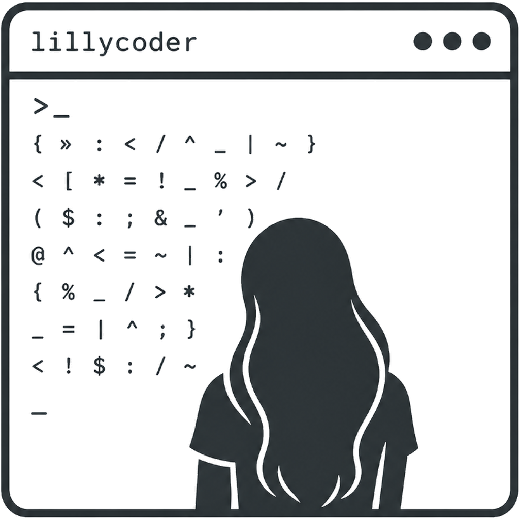 lillycoder logo: a terminal window with ASCII glyphs and the silhouette of a girl with long hair seen from the back